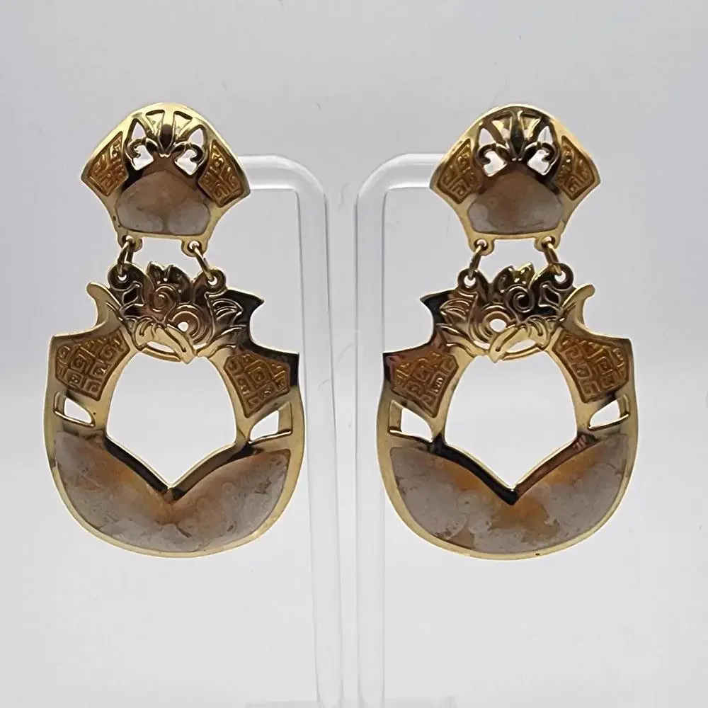 Vintage Berebi Gold Tone, Cream, & Yellow Enamel Dangling Statement Earrings